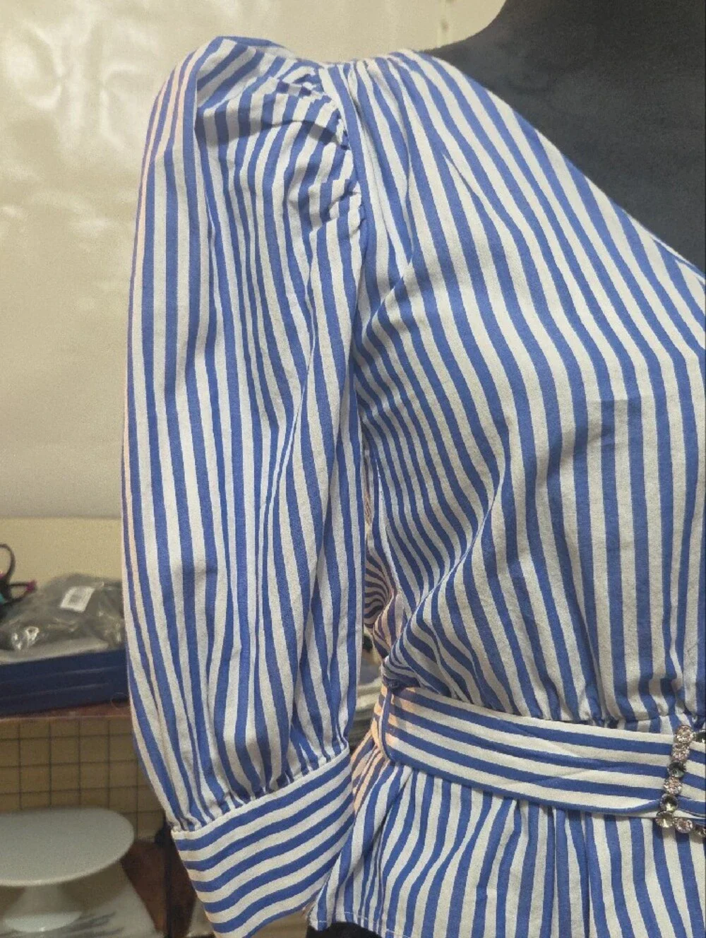 ZARA Blue and White Vertical-Striped Faux Wrap Blouse with Puff Sleeves - Medium